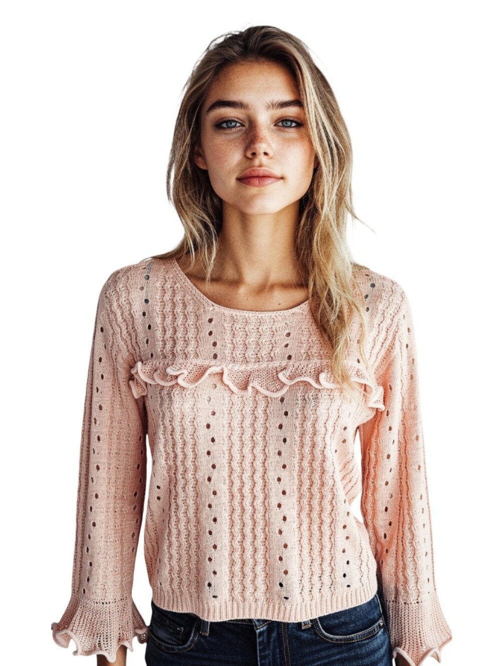 Light Pink Pointelle Knit Sweater – Ruffle Trim Long Sleeve Scoop Neck Top
